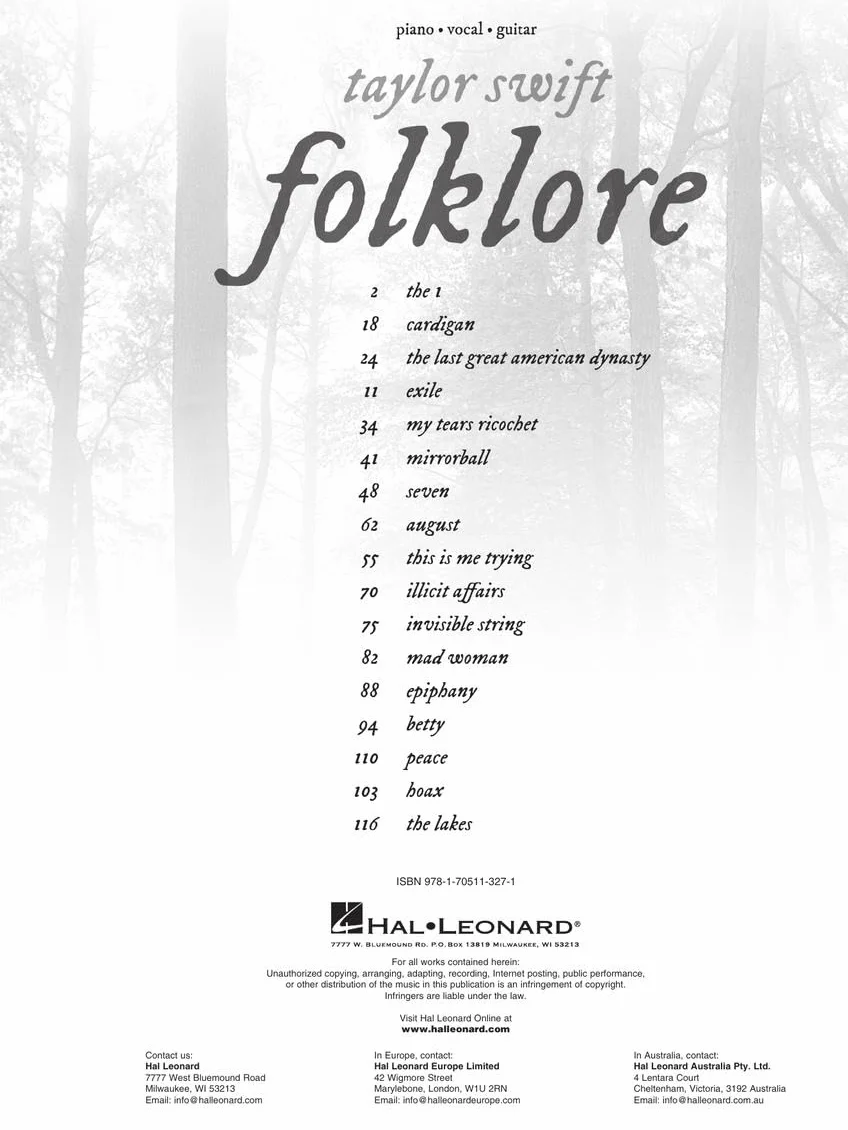 Taylor Swift - Folklore: Piano/Vocal/Guitar Songbook