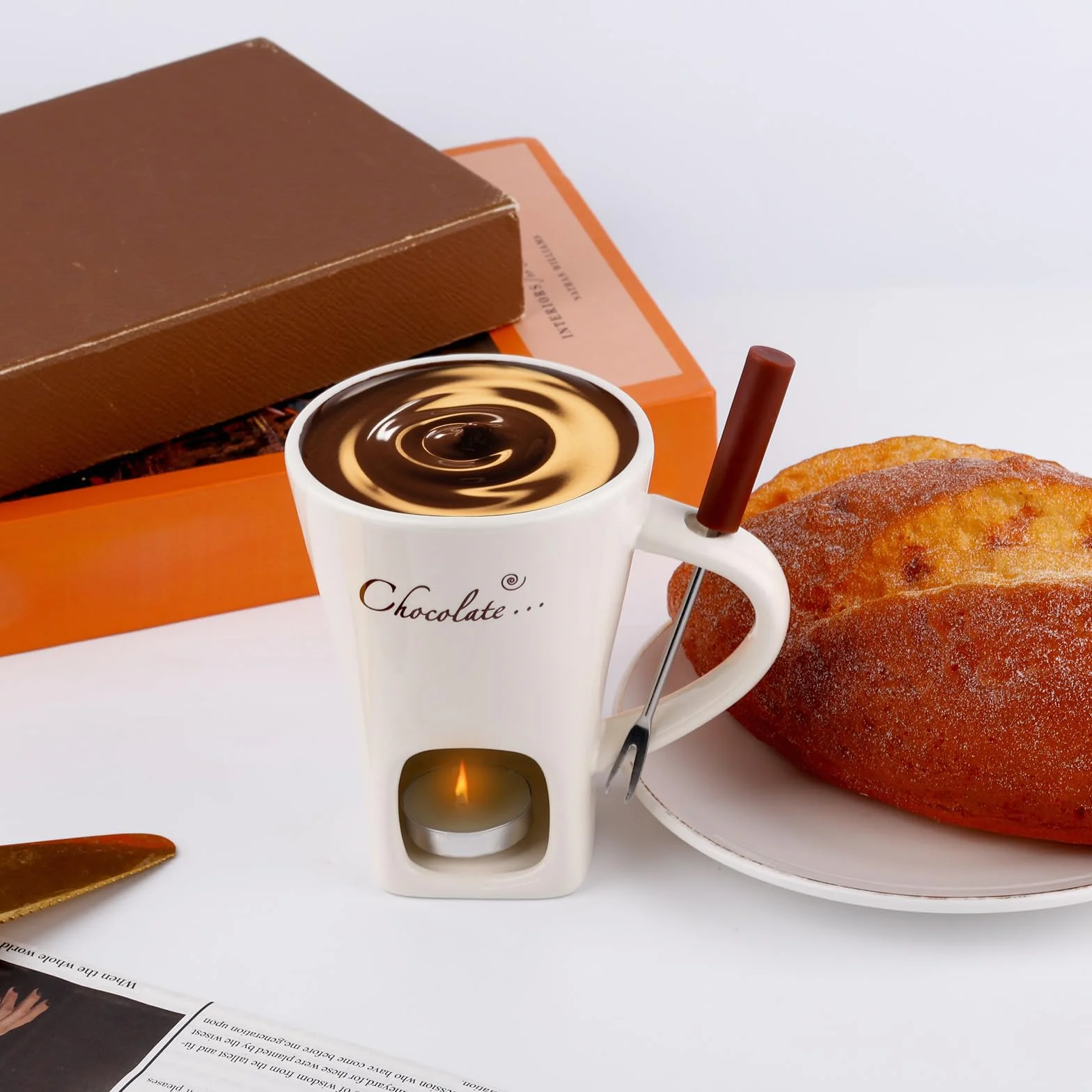 Ceramiczny Zestaw do Fondue Czekoladowego z Podgrzewaczem i Widelcem Biały