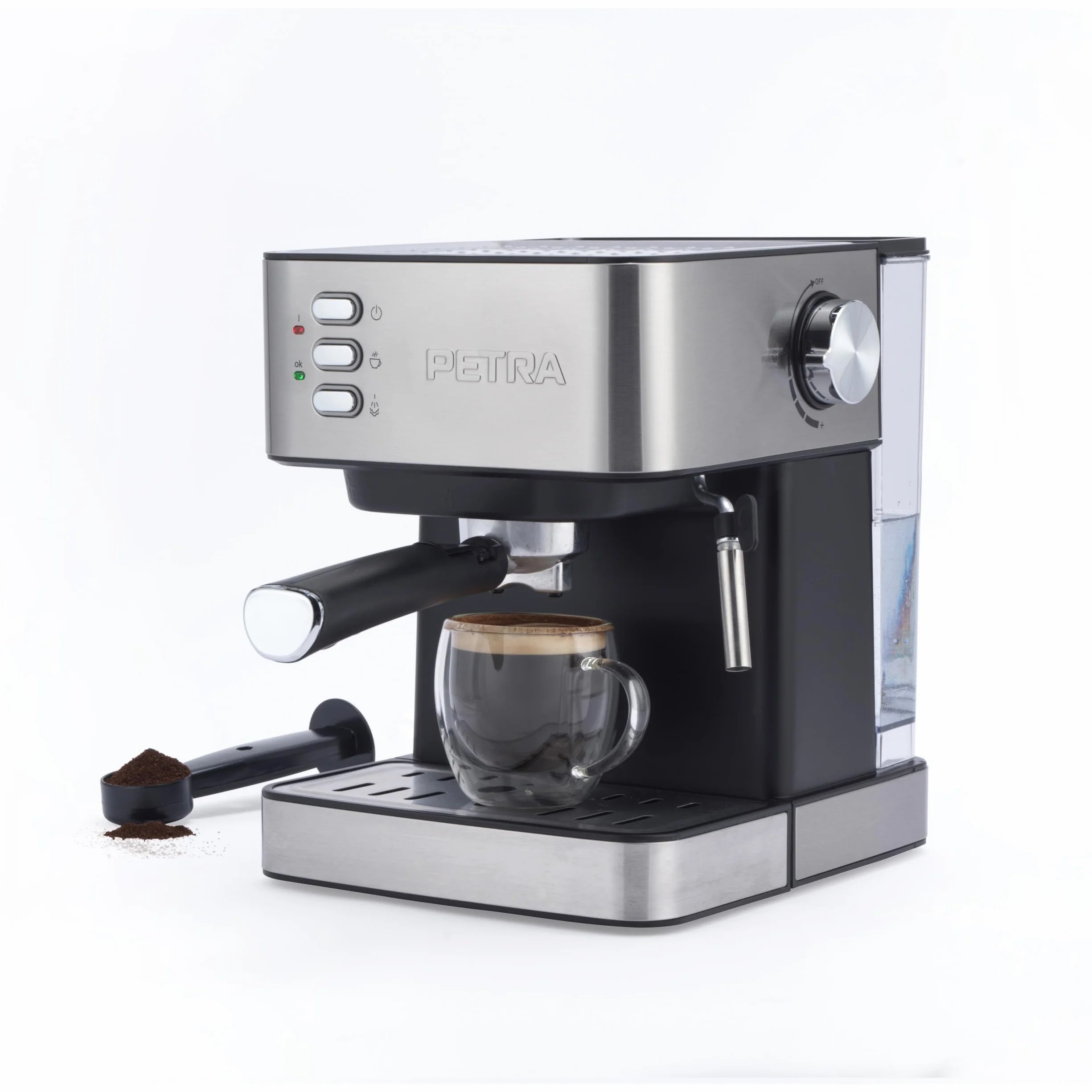 Petra Reczna maszyna do espresso z spieniaczem do mleka – kompatybilna z mielona kawa, 15-barowa wloska pompa cisnieniowa, odlaczany zbiornik na wode 1,6L, ubijak i portafilter, 850W, PT6137VDE