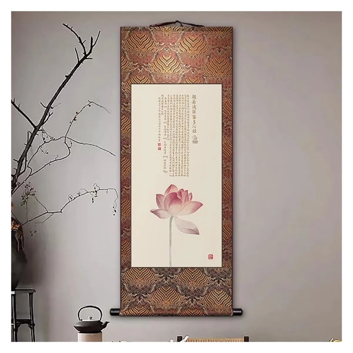 Obraz zwoju „Sutra Serca” w elegancji, pionowa dekoracja ścienna do sypialni, chińskie zawieszenie Feng Shui, kreatywny wybór prezentów(Brown A,59L x 148W cm)