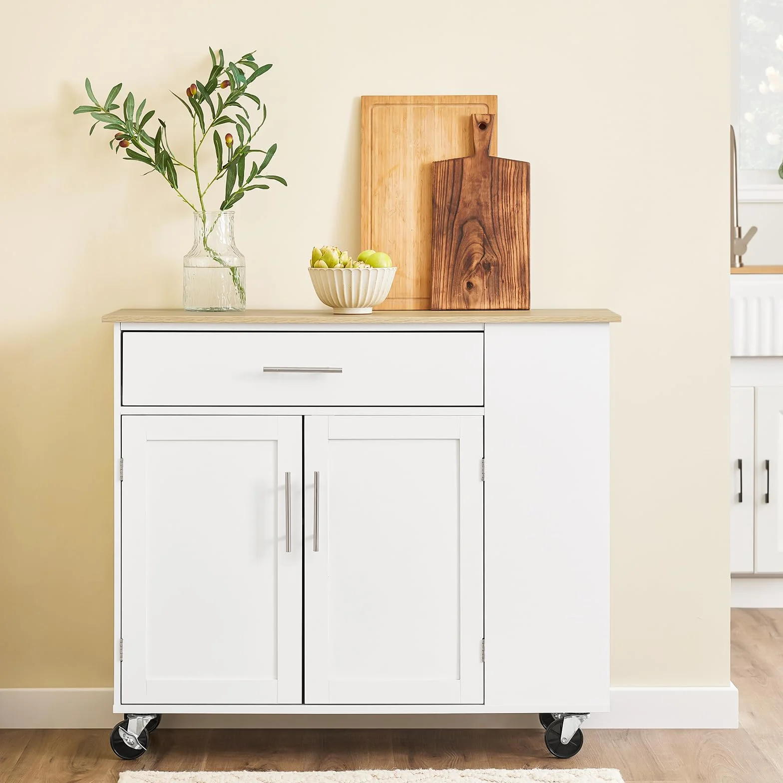 SoBuy Wyspa Kuchenna na Kółkach Mobilny Wózek Kuchenny z Szufladą Regulowaną Półką Biały 99x40x85 cm FKW133-WN