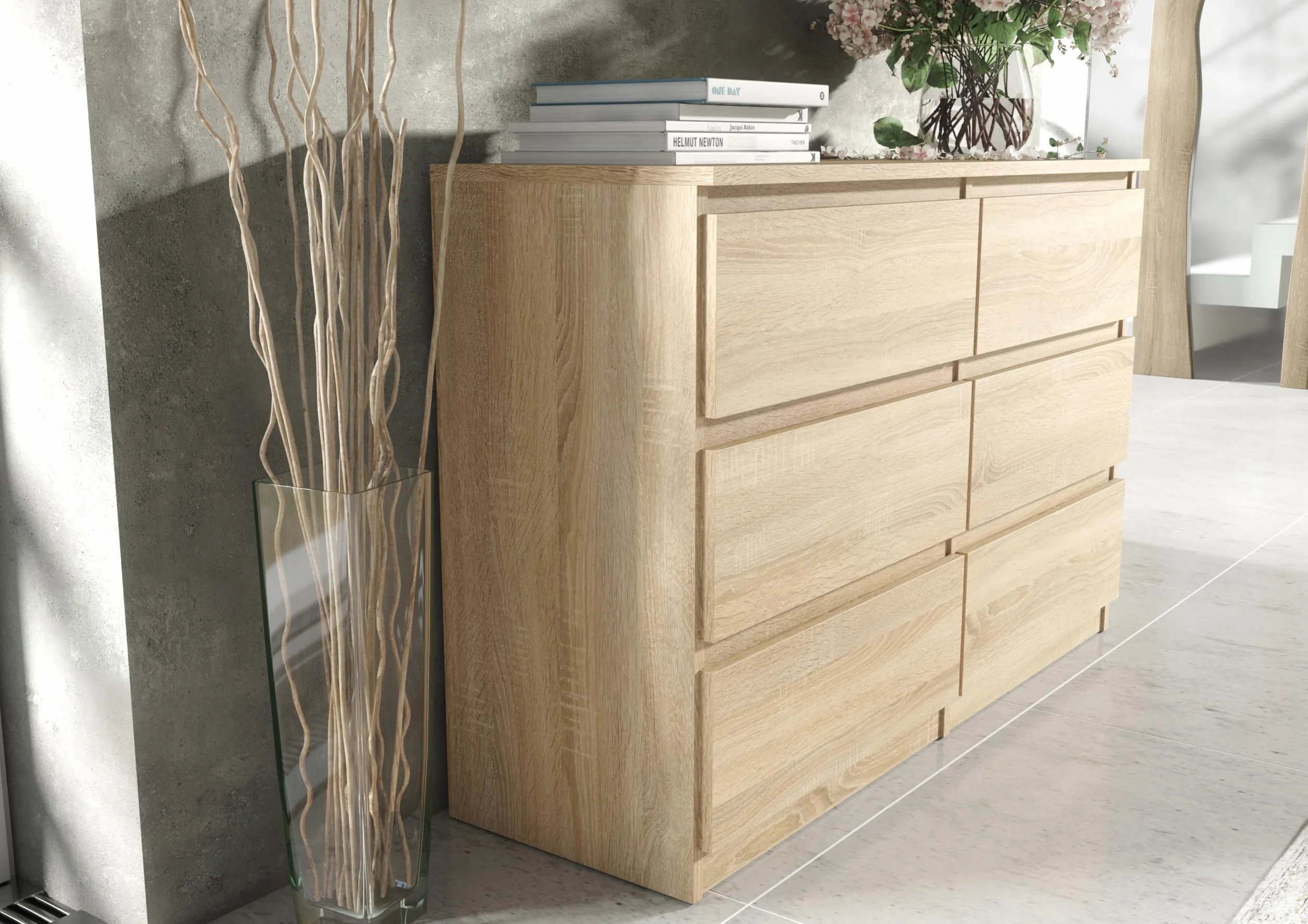 Meble Masztalerz Komoda Dąb Sonoma Mat 6 szuflad 138,6x78,5x39 cm do salonu sypialni