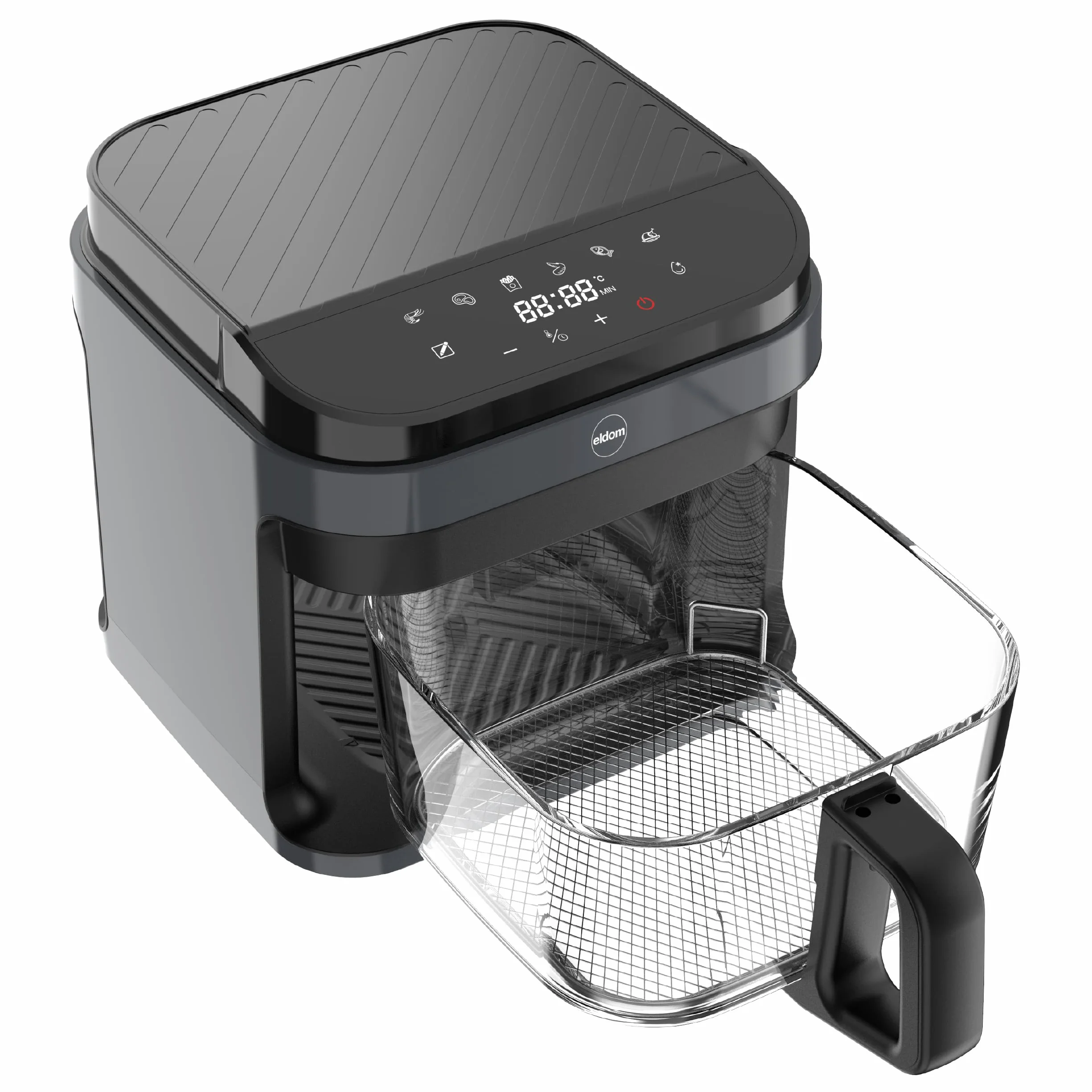 Frytownica Beztłuszczowa 5,5L Air Fryer 1200W, Szklany Kosz, 8 Programów, LED, Regulacja Temperatury 40–200°C, Rozmrażanie, FR500 Eldom
