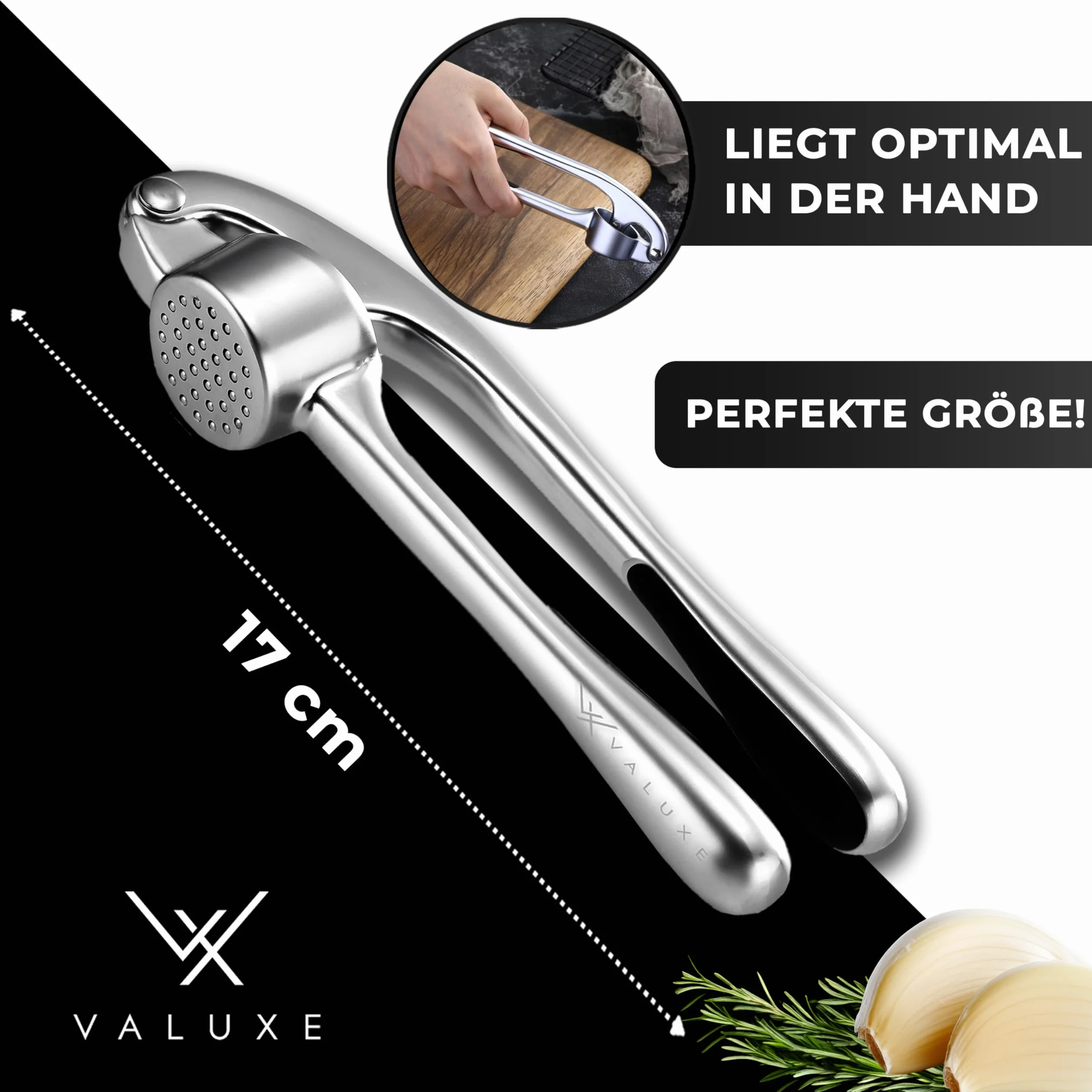 VALUXE® praska do czosnku nadaje się do mycia w zmywarce z mocnym działaniem dźwigni - Praktyczna praska do czosnku - Profesjonalna prasa do czosnku, ręczna prasa wysokiej jakości i wytrzymała