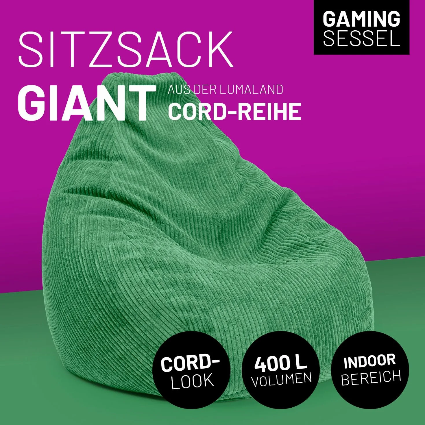 Lumaland Worek do siedzenia dla graczy XXL Sztruks Fotel Gamingowy Bean Bag 135 x 100 cm Ciemnozielony