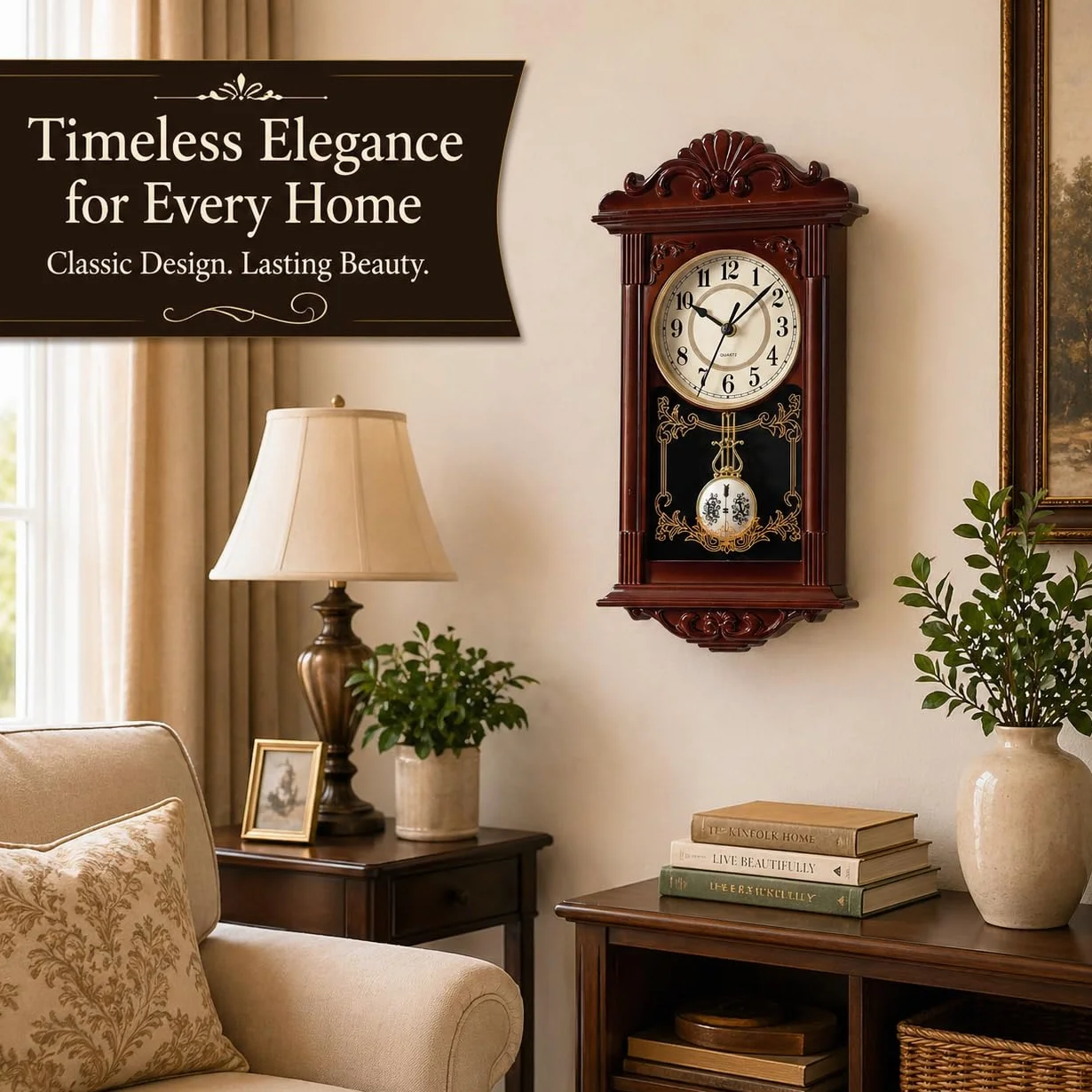 Quickway Imports Vintage dziadek drewno - wyglądający plastikowy zegar ścienny wahadłowy do salonu, kuchni lub jadalni, brązowy