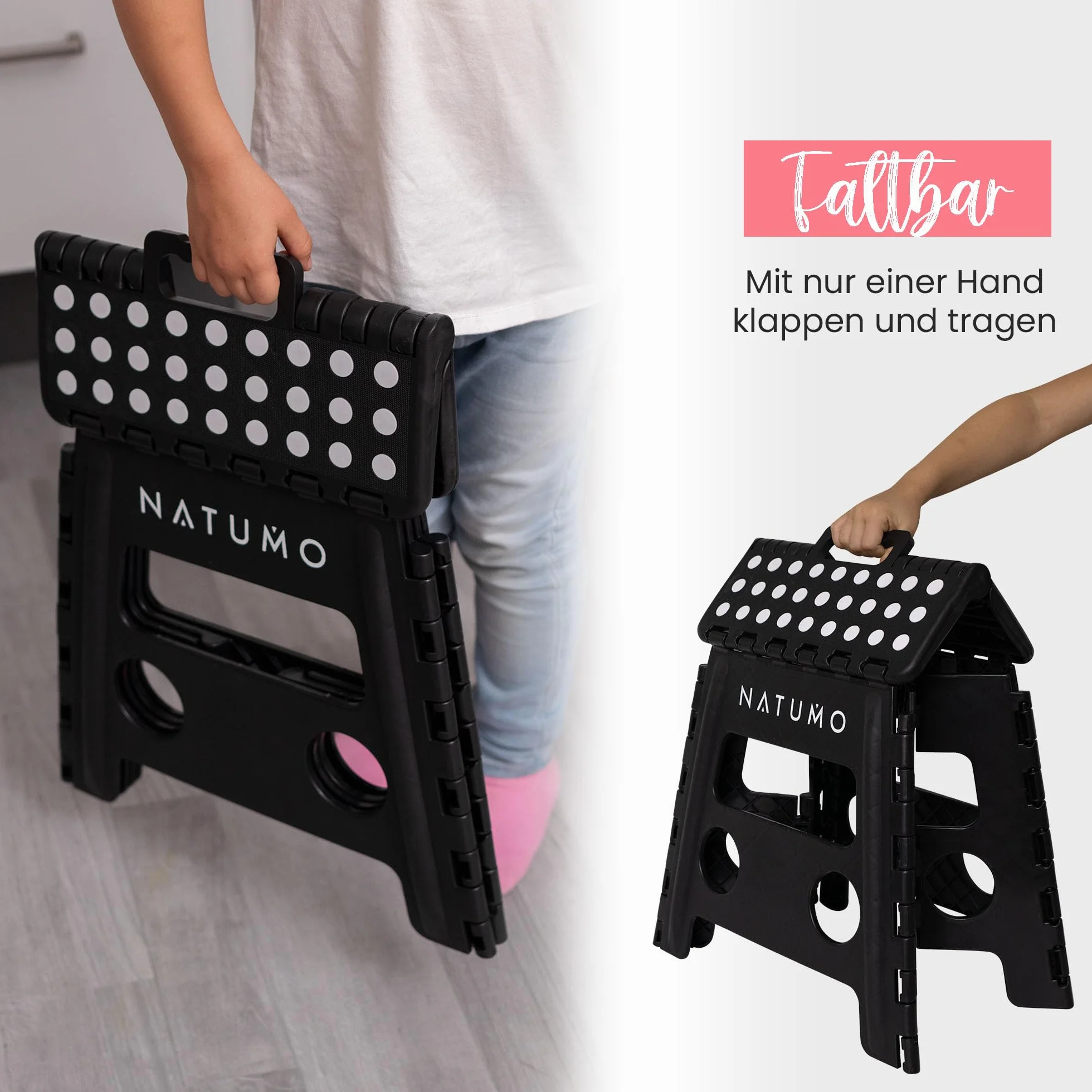 NATUMO® Składany taboret XL dla dzieci + dorosłych, lekki i antypoślizgowy, składany taboret na kemping, do łazienki, kuchni i ogrodu, 33 cm (czarny)