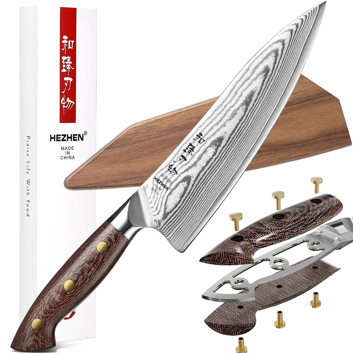 HEZHEN 21 cm nóż szefa kuchni stal damasceńska, ostrze, pochwa drewno orzechowe, rękojeść Micarta