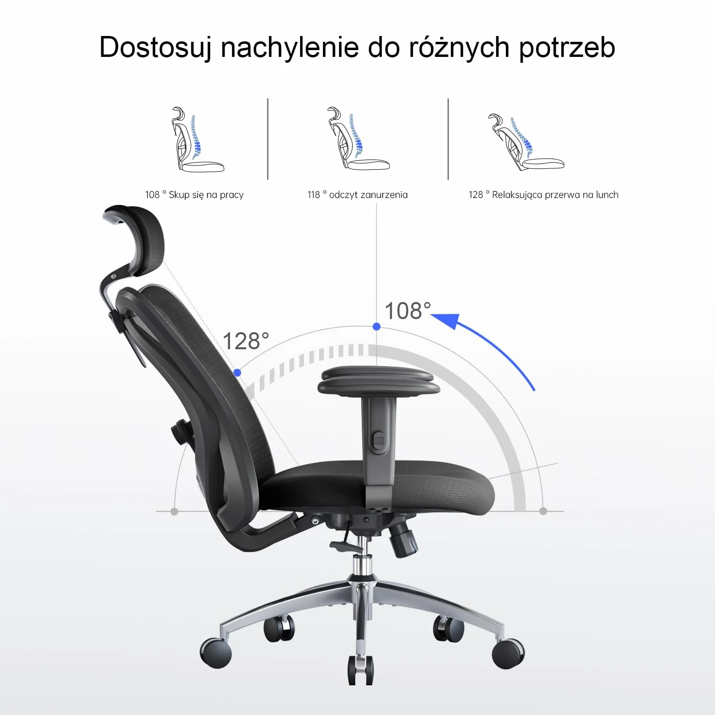 SIHOO Ergonomiczne krzesło biurowe,komputerowe z regulowanym podparciem lędźwiowym i zagłówkiem, oddychające siatkowe krzesło do gier z wygodną grubą poduszką i regulowanymi podłokietnikami (czarne)