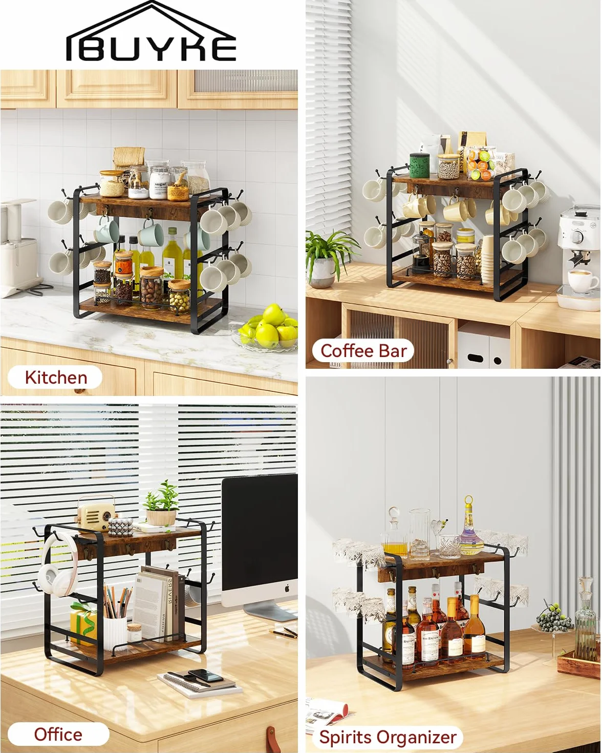 IBUYKE Organizer na blat do baru kawowego, 2-poziomowy stojak na kubek kuchenny, drewniany organizer na kubki do kawy z 14 haczykami, wielofunkcyjne drzewko na kubek do domowej kuchni, biura, brązowy