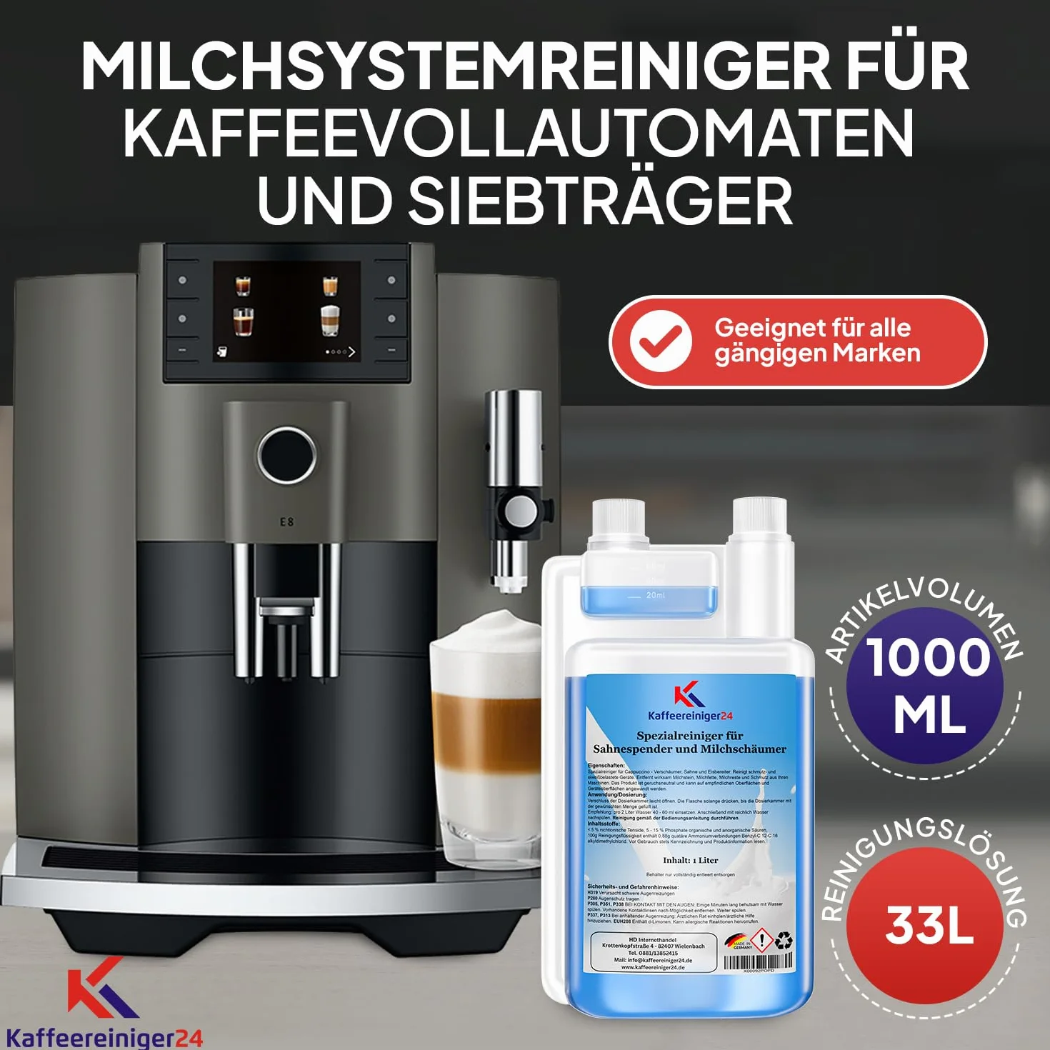 Coffee ereiniger24-1000 ml środek do czyszczenia spienionego mleka, do ekspresów do kawy i ekspresów do kawy ze spieniaczem do mleka – nadaje się do wielu marek