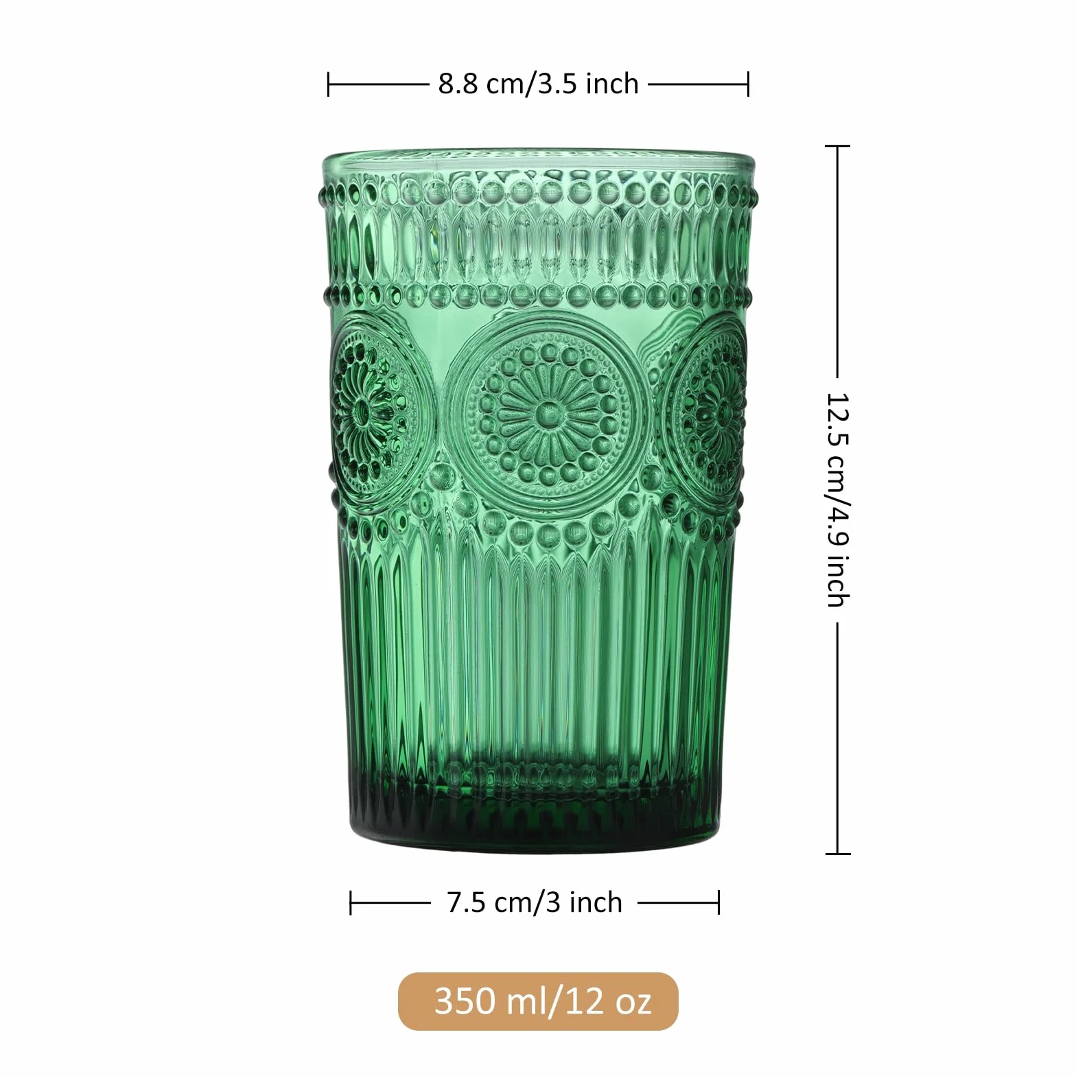 Joeyan Zielone szklanki vintage tłoczone kubki na wodę zestaw 4 sztuk 350 ml