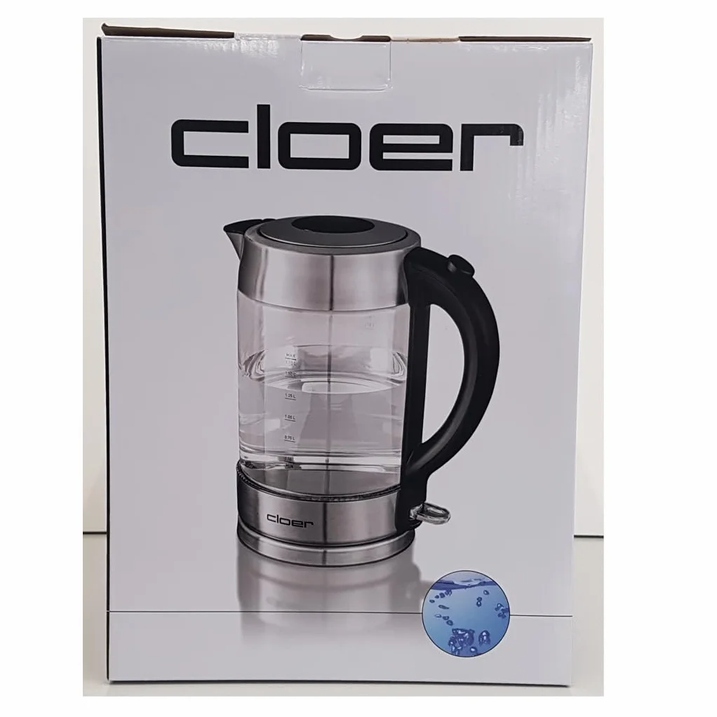 Cloer 4429 Czajnik szklany, 2200 W, podświetlenie LED, pokrywa bezpieczeństwa, ukryty element grzejny, 1,7 l, stal nierdzewna