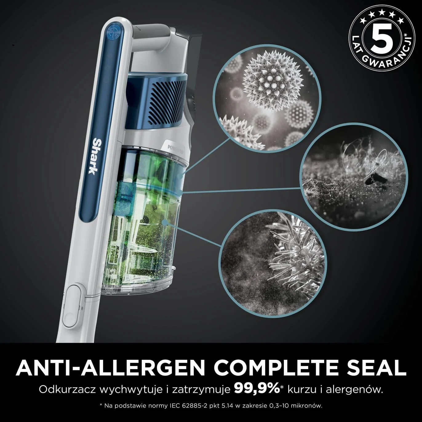 Shark PowerPro Odkurzacz bezprzewodowy, FloorDetect, Anti-Hair Wrap, Anti-Allergen Complete Seal, lekki, elastyczny, tryb ręczny, czas pracy 50 min, pojemnik na kurz XL, granatowy metaliczny, IZ380EU