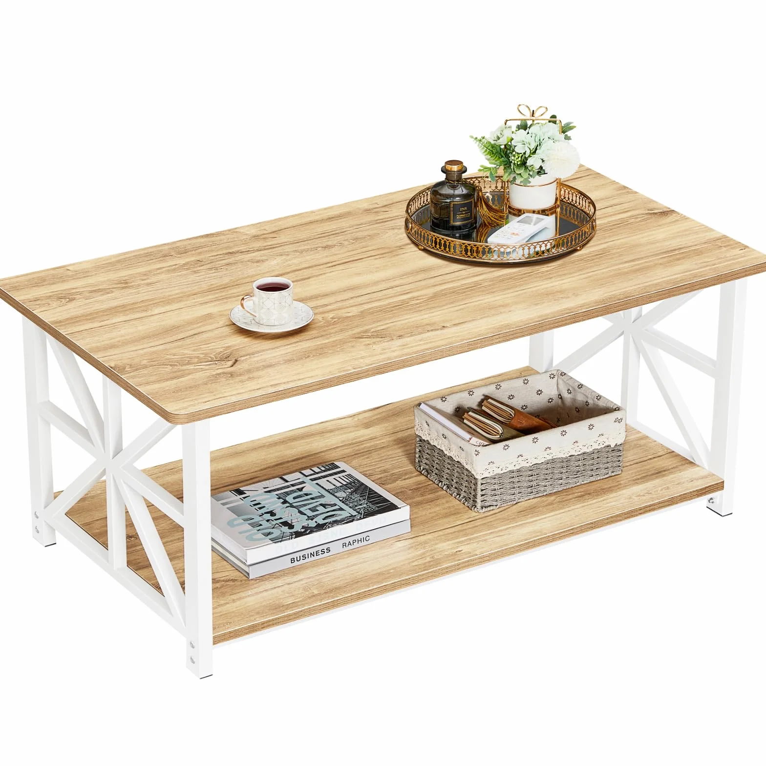 GreenForest Okrągły Narożny Stolik 100 cm z Półką, 2-poziomowa Rama X, Nowoczesny Design