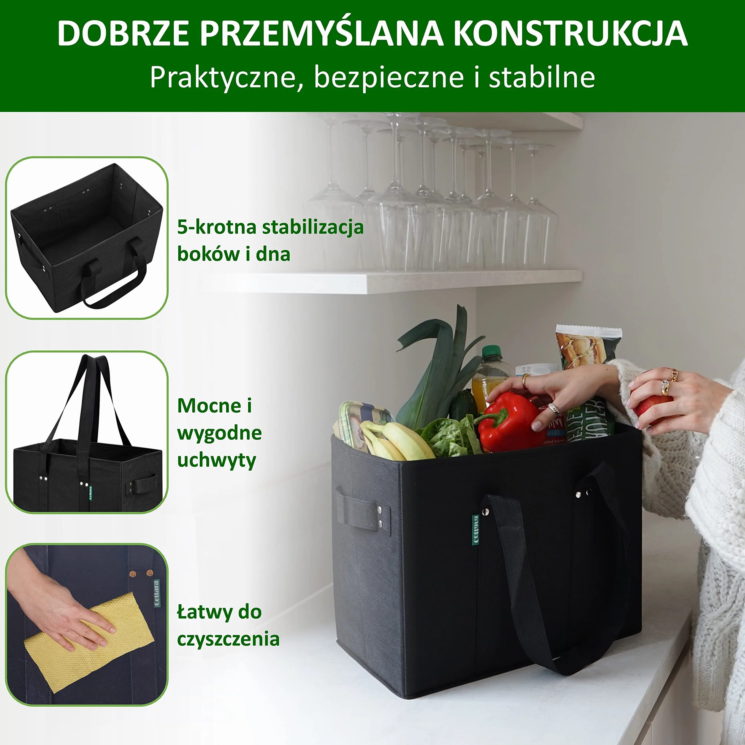 COTTARA Torba na zakupy premium, składana, 3 sztuki – stabilny kosz na zakupy wielokrotnego użytku ze składanym wzmocnionym dnem, w zestawie 3 x siatka na owoce i warzywa – 38 x 23 x 31 cm, szara