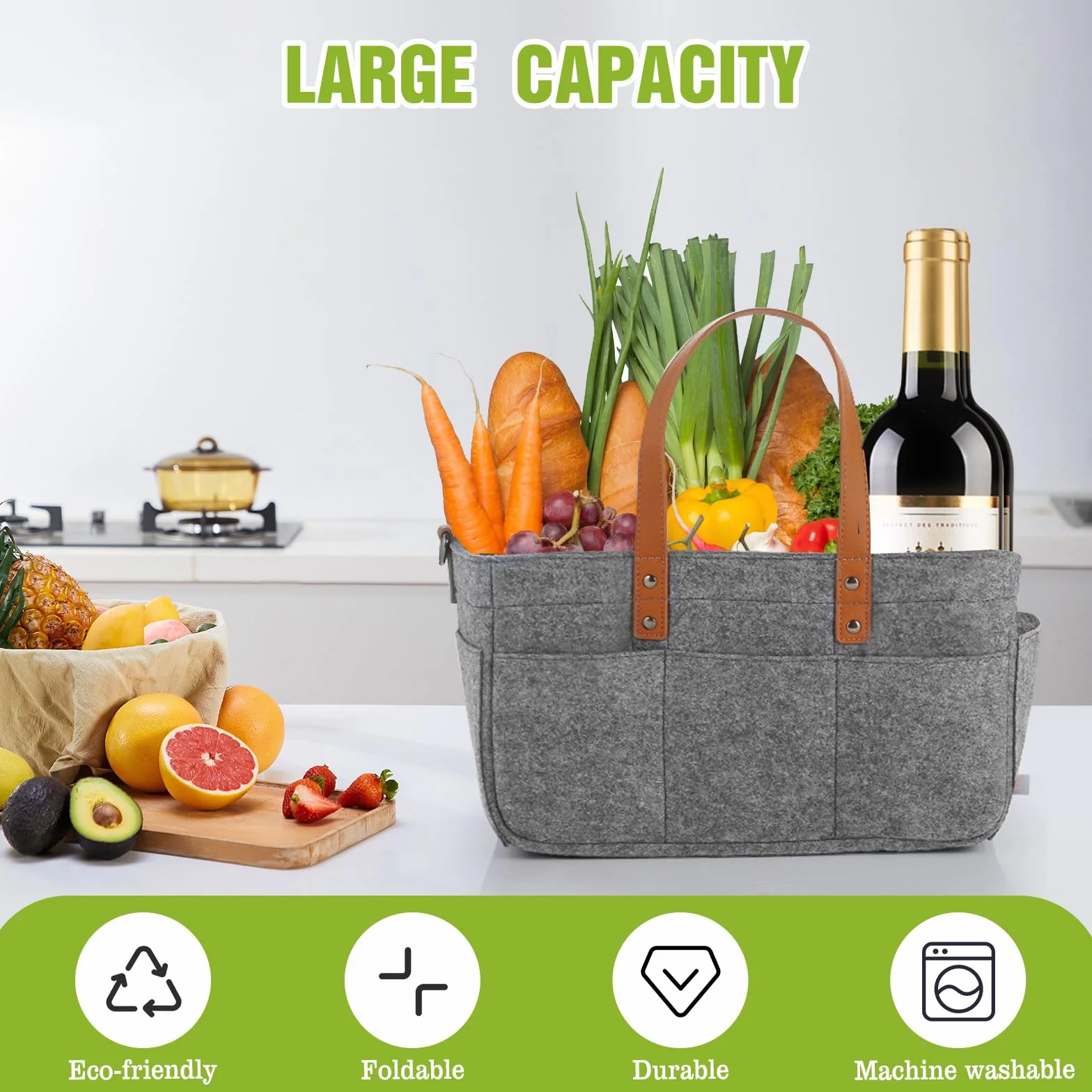 Filcowa Torba torba na Zakupy 16L, 38 x 23 x 18 cm, Ciemnoszary, z Uchwytem i Przegródkami