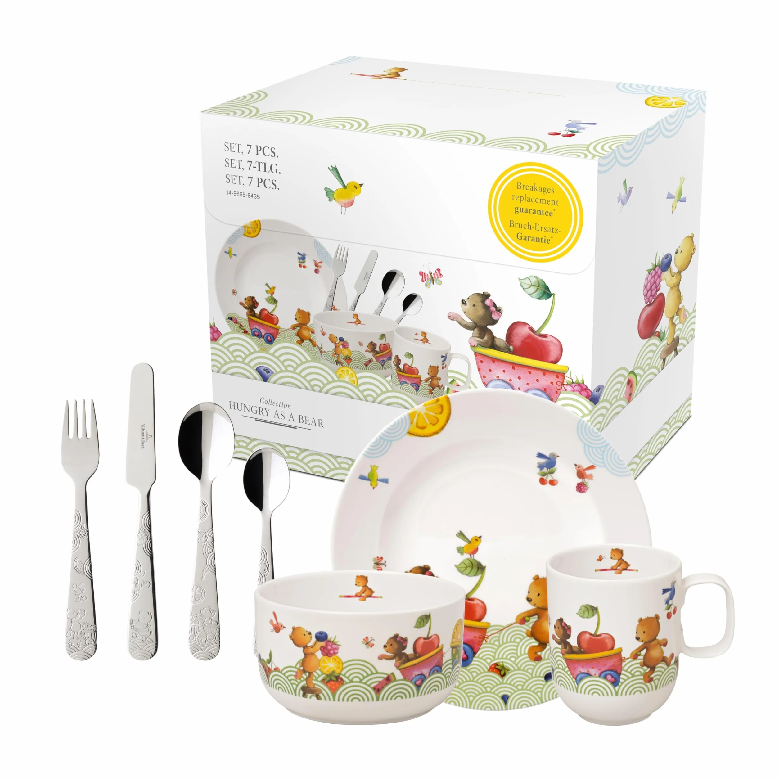 Villeroy & Boch – Hungry as a Bear, 7-cz. zestaw naczyń stołowych dla dzieci ze sztućcami, porcelana Premium, stal nierdzewna 18/10, biały/wielokolorowy