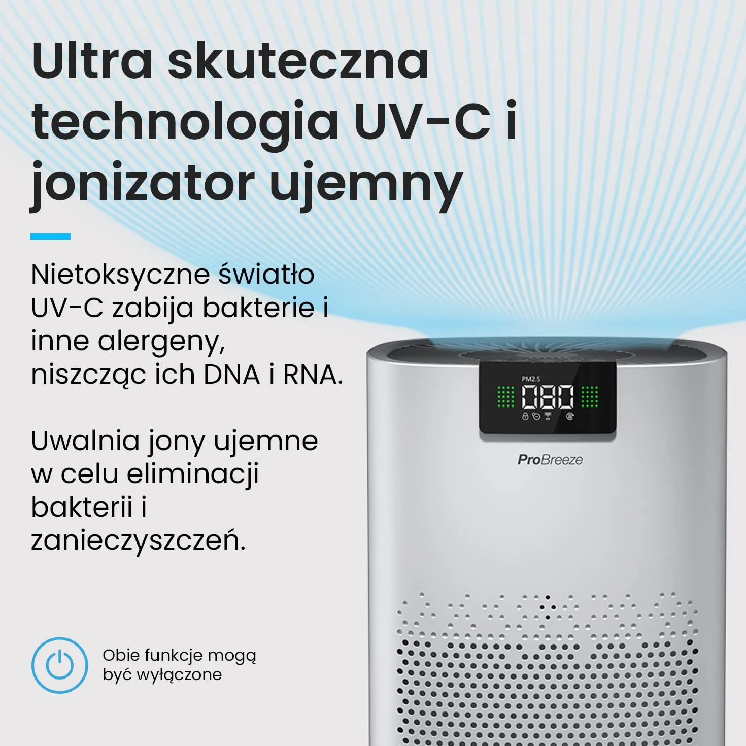 ProBreeze Oczyszczacz Powietrza z Jonizatorem Filtrem UV-C HEPA Węglowym, 5 Poziomów Filtracji, 140m²
