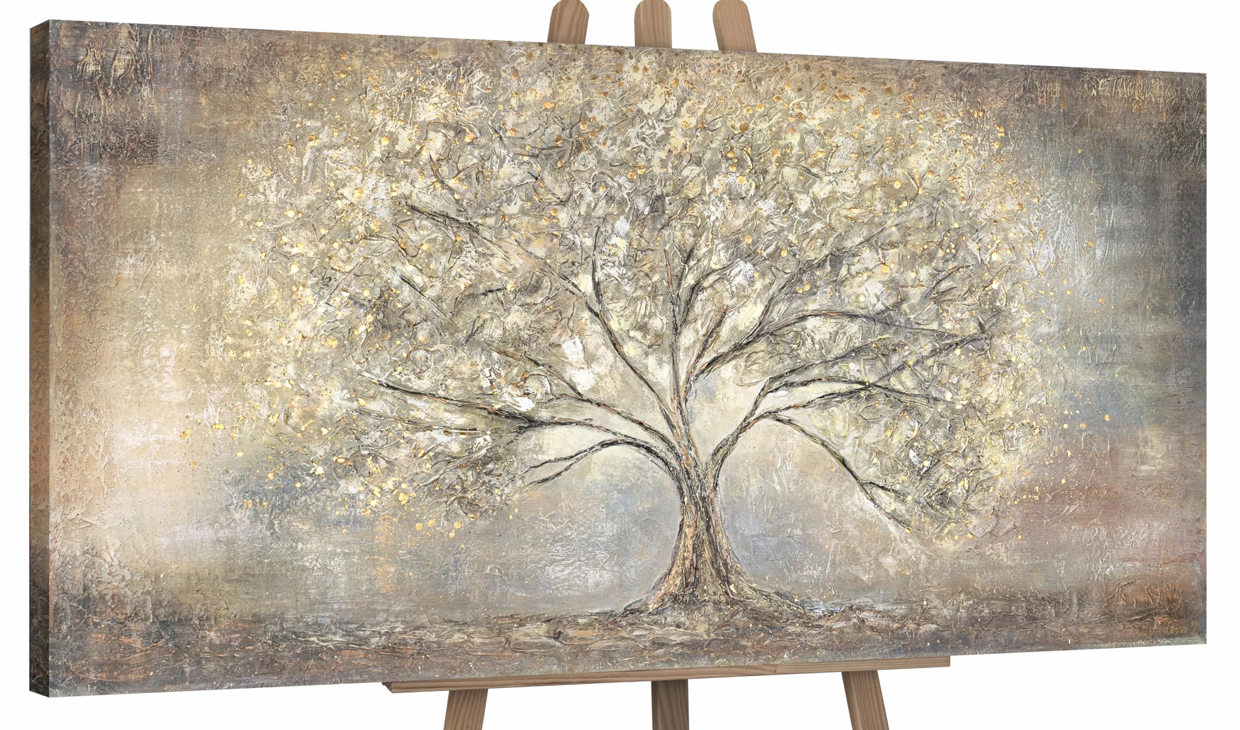 YS -Art Ręcznie malowany obraz akrylowy na płótnie Złote drzewo Złote abstrakcja krajobraz Sztuka ścienna do salonu Nowoczesne dzieło sztuki 122 x 61 cm