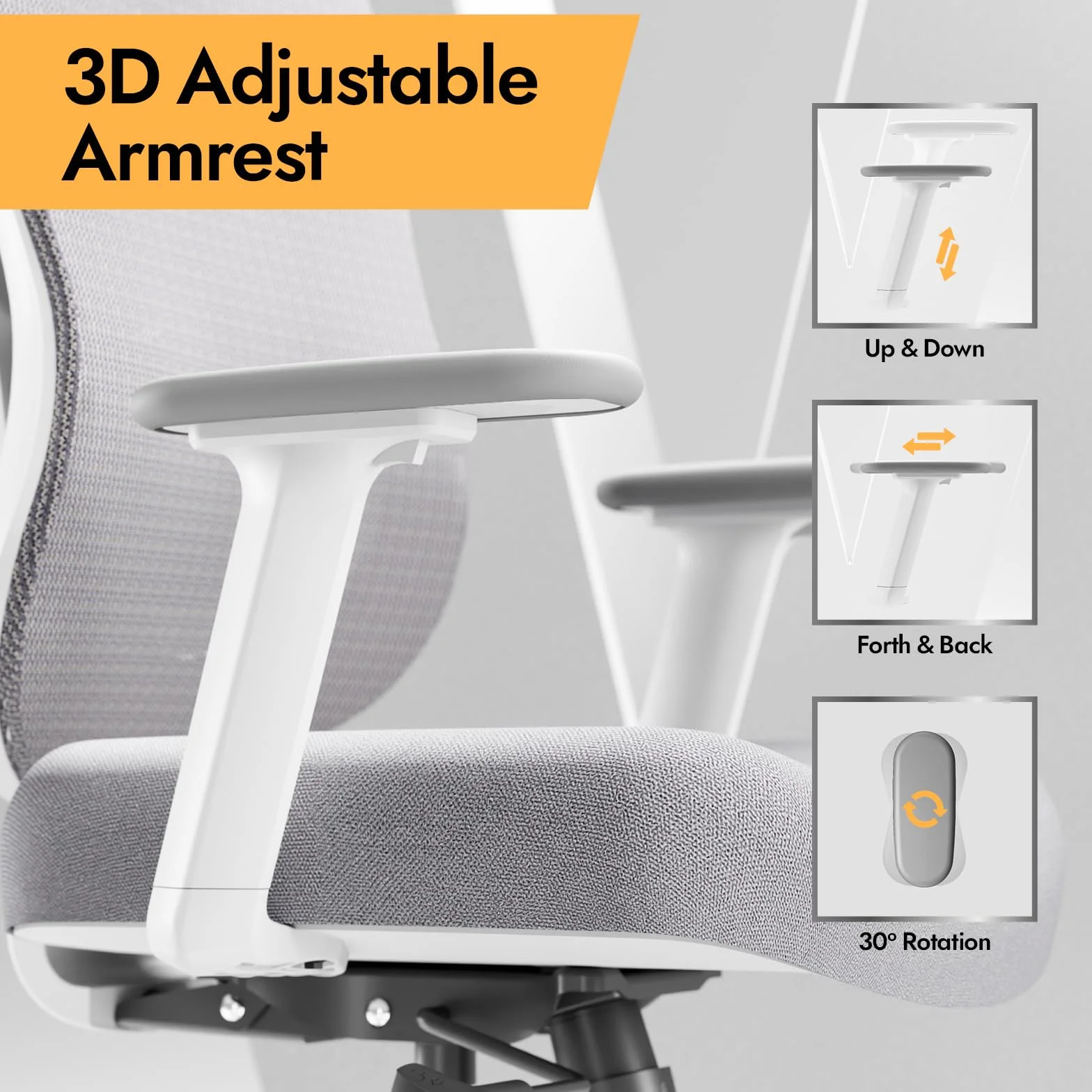 HOLLUDLE Ergonomiczne Krzesło Biurowe z Podparciem Lędźwiowym 3D Podłokietnikami 3D Białe