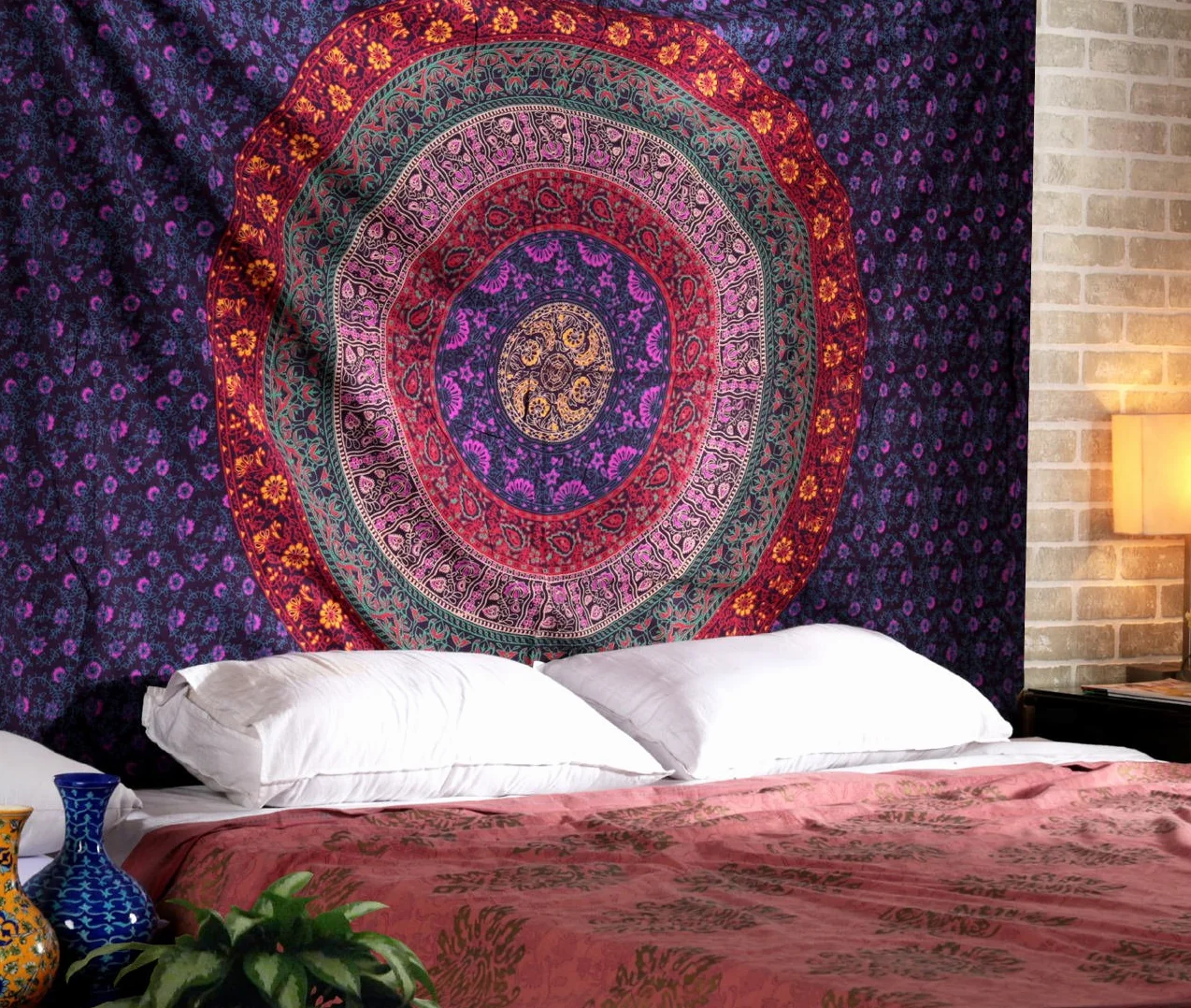 RAJRANG Gobelin z mandalą do sypialni, boho, hipisowski, kwiatowy, psychodeliczne gobeliny, indyjski, etniczny koc plażowy do salonu, dekoracja ścienna, 137 x 213 cm, różowo-fioletowy