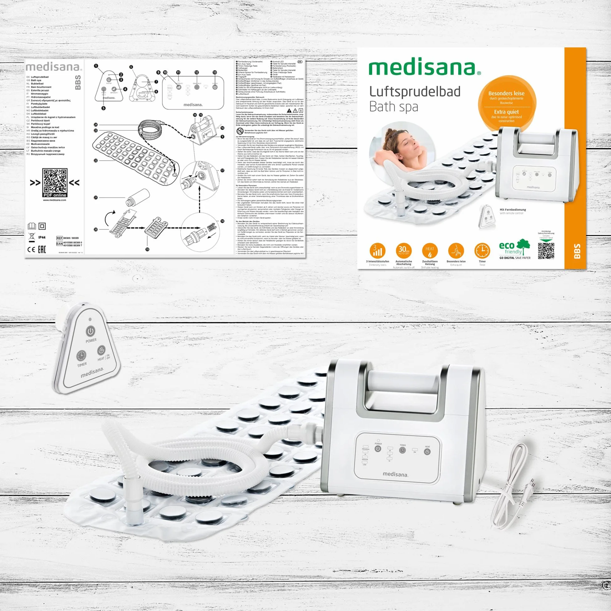 medisana BBS Air bubble bath, mata do hydromasażu z dozownikiem aromatów, 3 poziomy intensywności, funkcja timera, nadaje się do każdej wanny, z pilotem