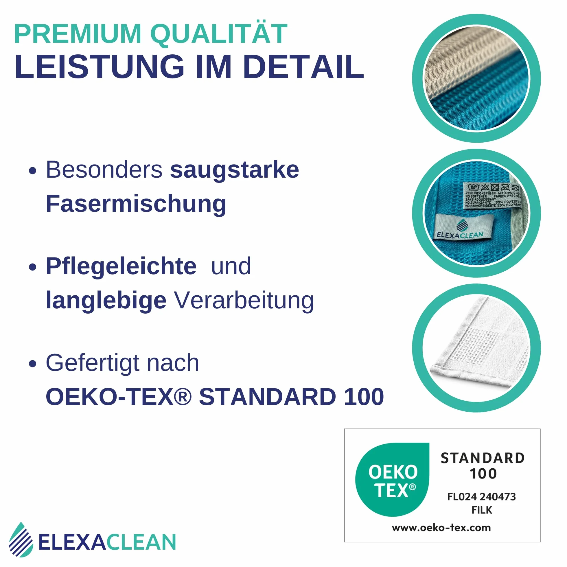 ELEXACLEAN ręczniki kuchenne mikrofibra (3 szt., 68x42 cm, biały) chłonne, można prać 60°C, nowoczesne wzornictwo