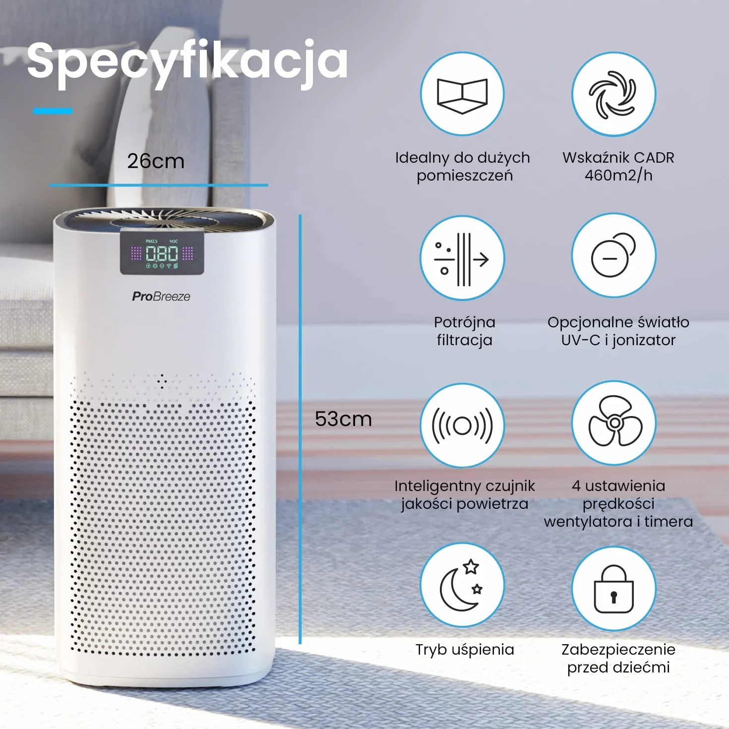 ProBreeze Oczyszczacz Powietrza z Jonizatorem Filtrem UV-C HEPA Węglowym, 5 Poziomów Filtracji, 140m²