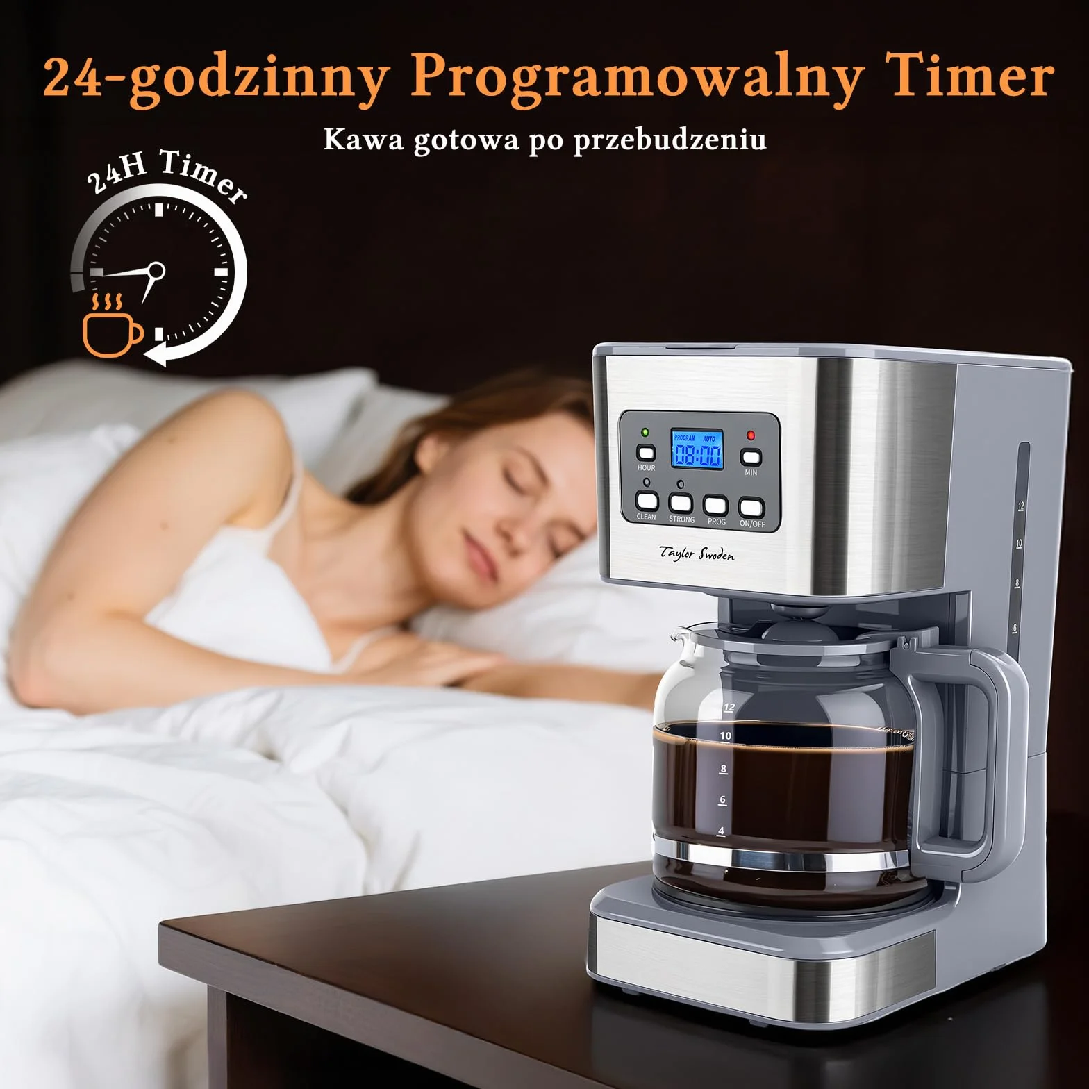 Taylor Swoden Amerykański ekspres do kawy 950 W na 12 filiżanek i pojemności 1,5 l z filtrem wielokrotnego użytku i podstawą utrzymującą ciepło, system zapobiegający kapaniu, timerowi i BPA FREE