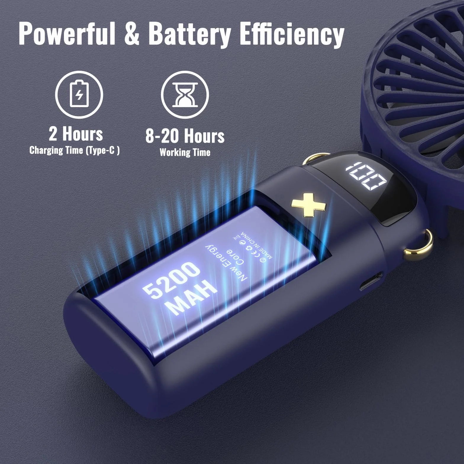 Przenośny wentylator ręczny 3 w 1, na szyję, biurko, 5200 mAh, zasilany akumulatorem, z wyświetlaczem LED, 5 prędkości nawiewu, mały, do makijażu