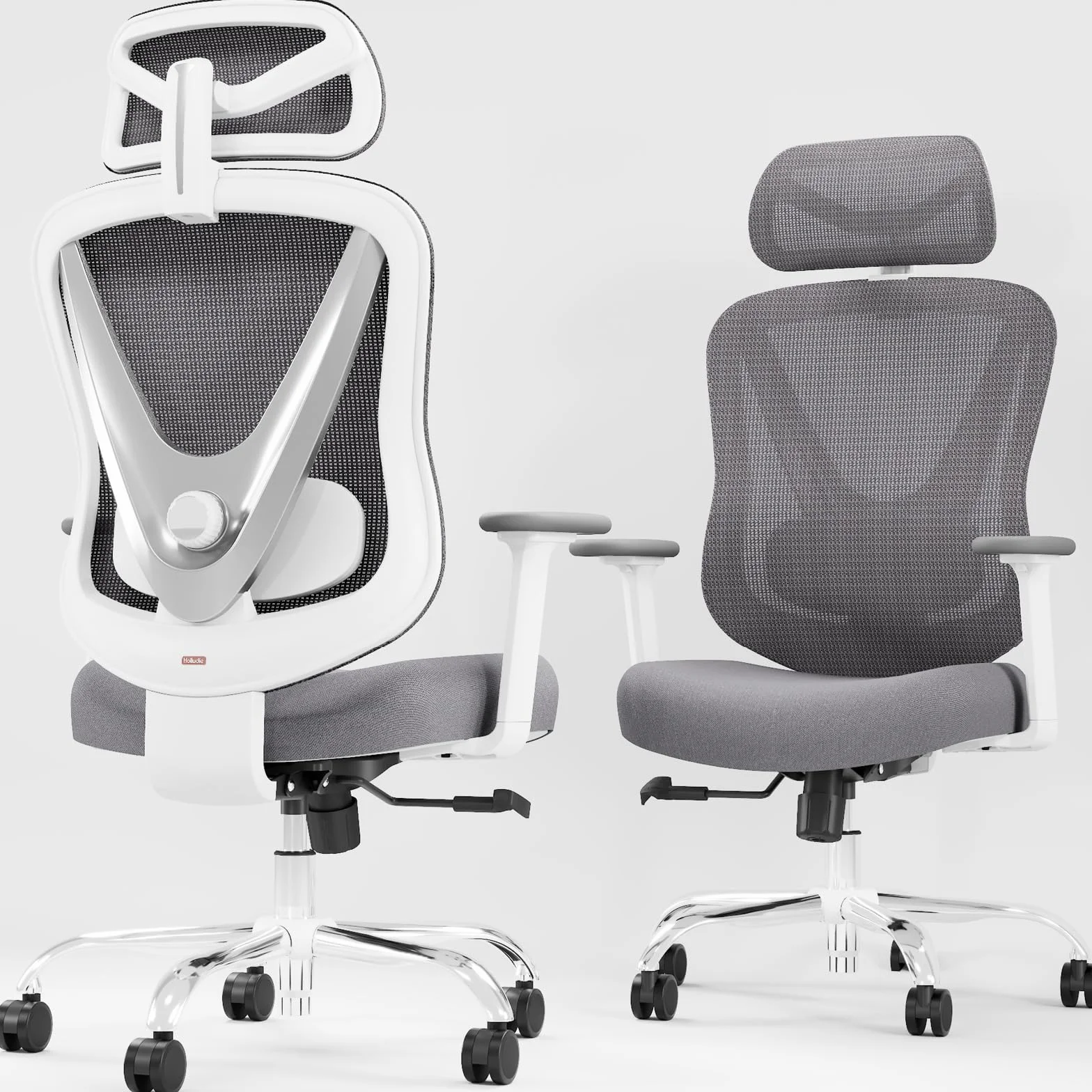 HOLLUDLE Ergonomiczne Krzesło Biurowe z Podparciem Lędźwiowym 3D Podłokietnikami 3D Białe