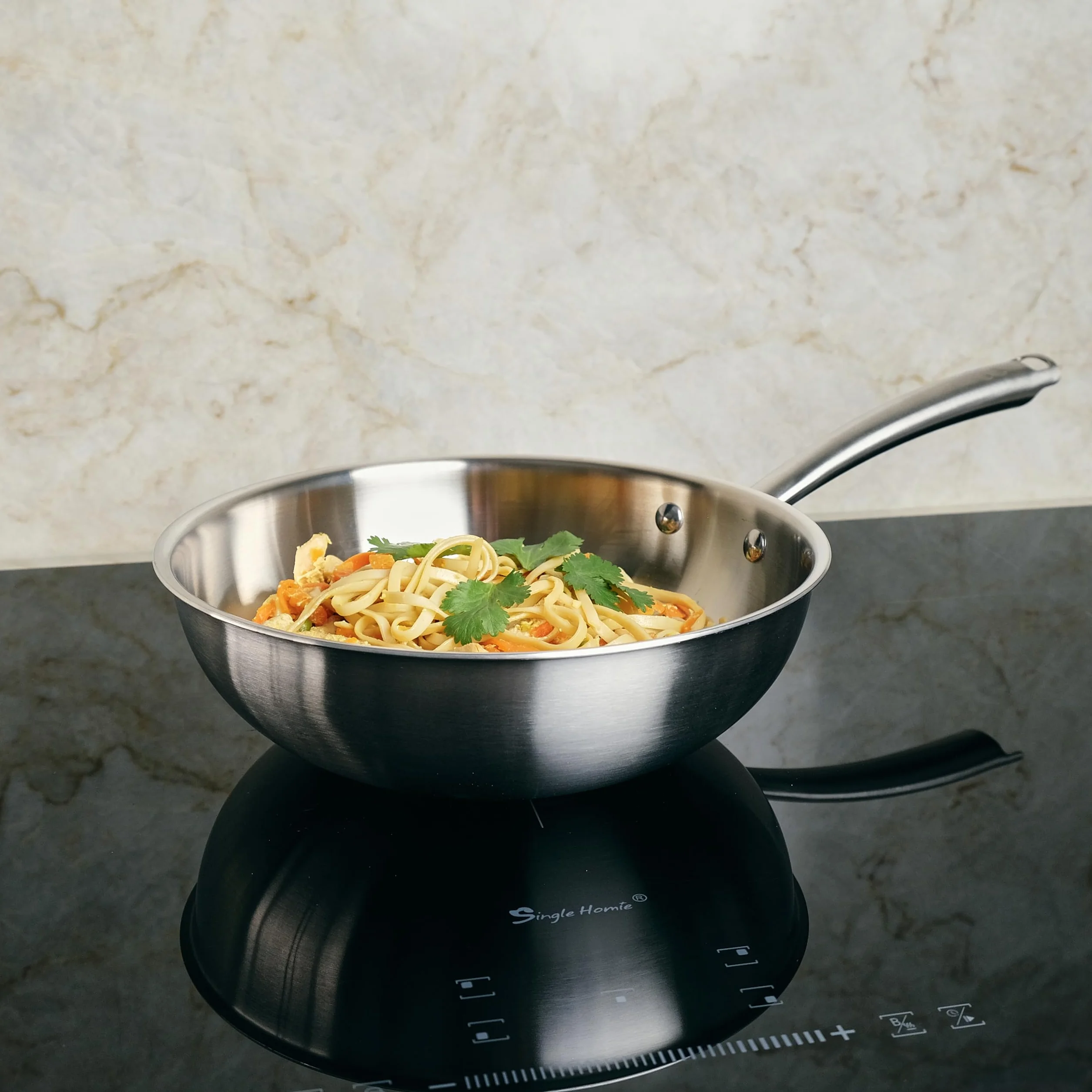 KAMBERG - Wok Ø28 cm ze stali nierdzewnej 18/10 Triply - bez PFAS - Pokrywa w zestawie - Wszystkie palniki indukcyjne i piekarnik - 0008281