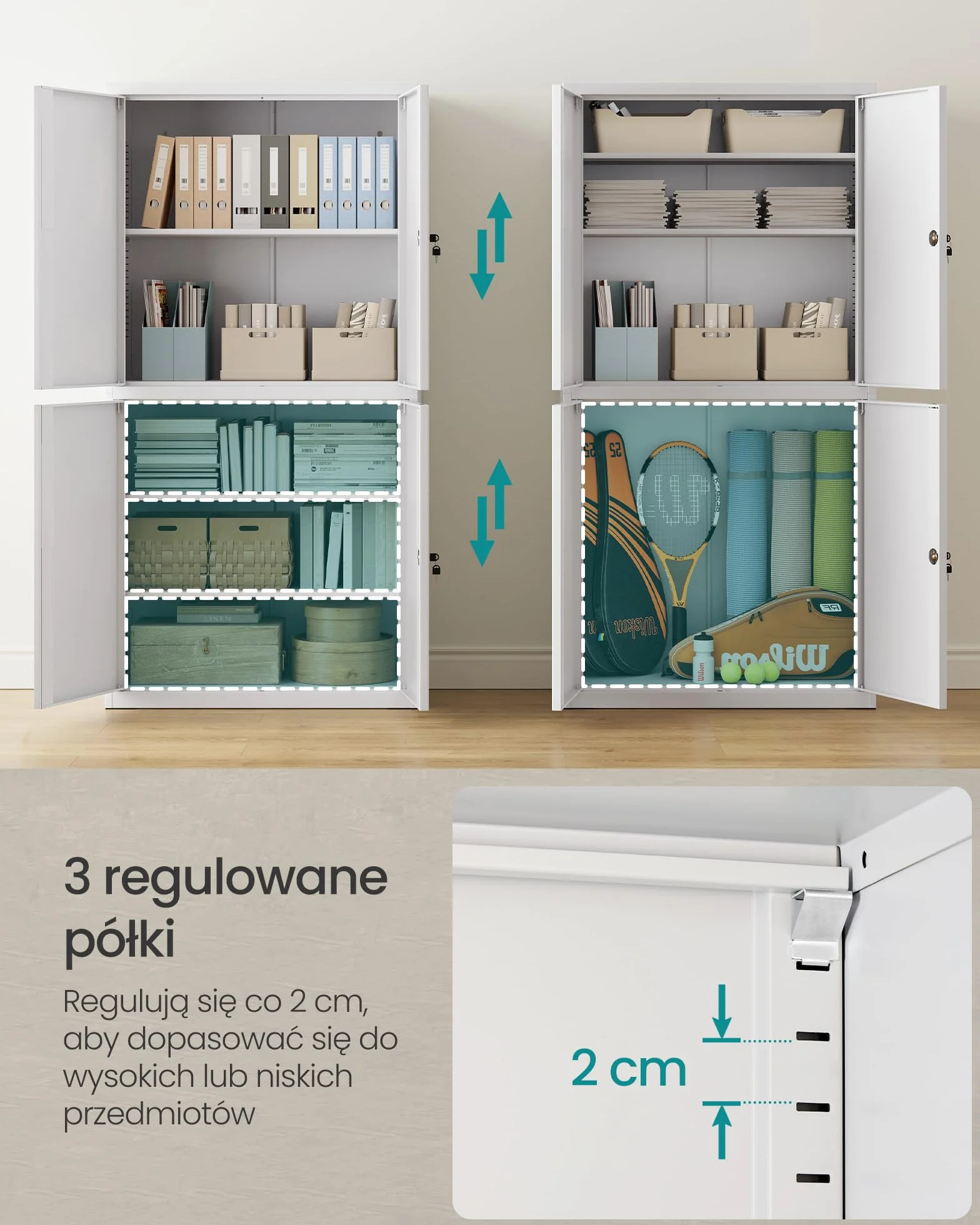 SONGMICS Metalowa szafka garażowa, wielofunkcyjna szafka na dokumenty z 4 drzwiami i 5 półkami, 40 x 80 x 180 cm, zamykana, z 2 zamkami, regulowanymi półkami, matowa szara OMC016G01