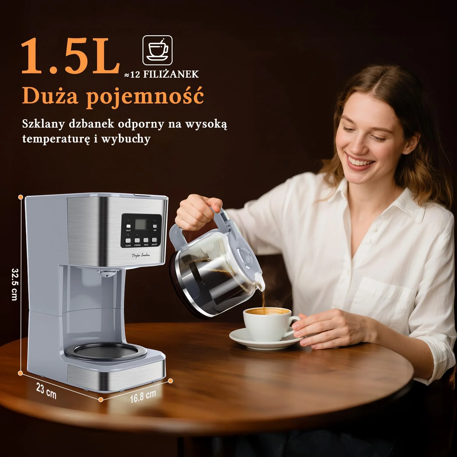 Taylor Swoden Amerykański ekspres do kawy 950 W na 12 filiżanek i pojemności 1,5 l z filtrem wielokrotnego użytku i podstawą utrzymującą ciepło, system zapobiegający kapaniu, timerowi i BPA FREE