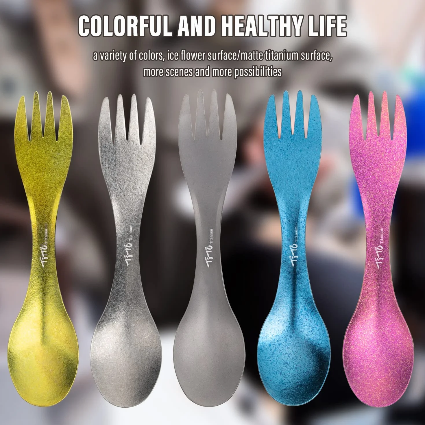 TiTo Titanium Spork Ultralekki łyżko-widelec 2 w 1, zastawa stołowa, na kemping, na świeżym powietrzu, do wędrówki z plecakiem, podróży, na piknik, z torebką, niebieski